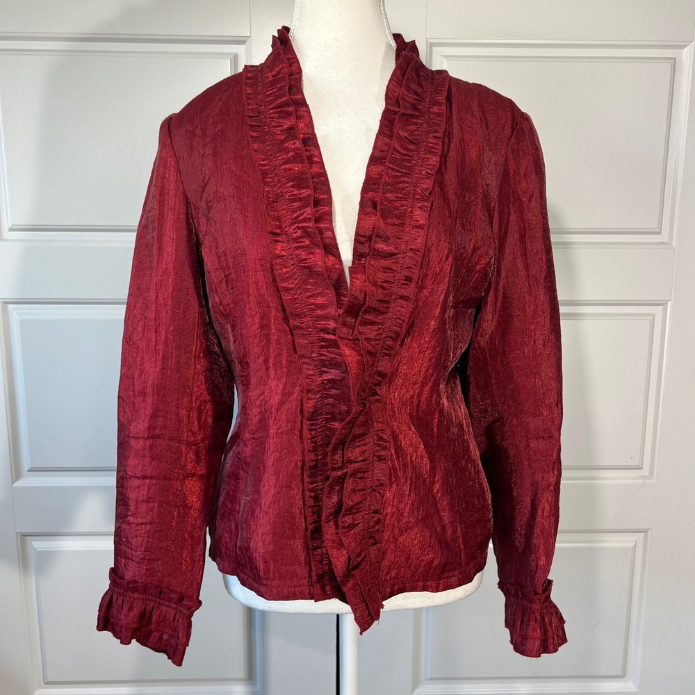 Vintage Rafael Ruffled Open Front Jacket Metallic Wine Red Elegant Party Blazer